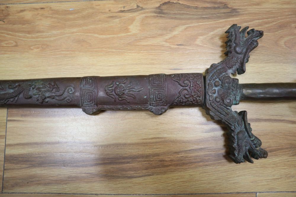 A Chinese bronze model of a sword, length 93cm